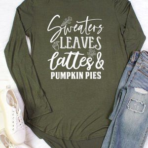 Colorbear Long Sleeve T-shirt "Sweaters Leaves Lattes & Pumpkin Pies" Green sz S